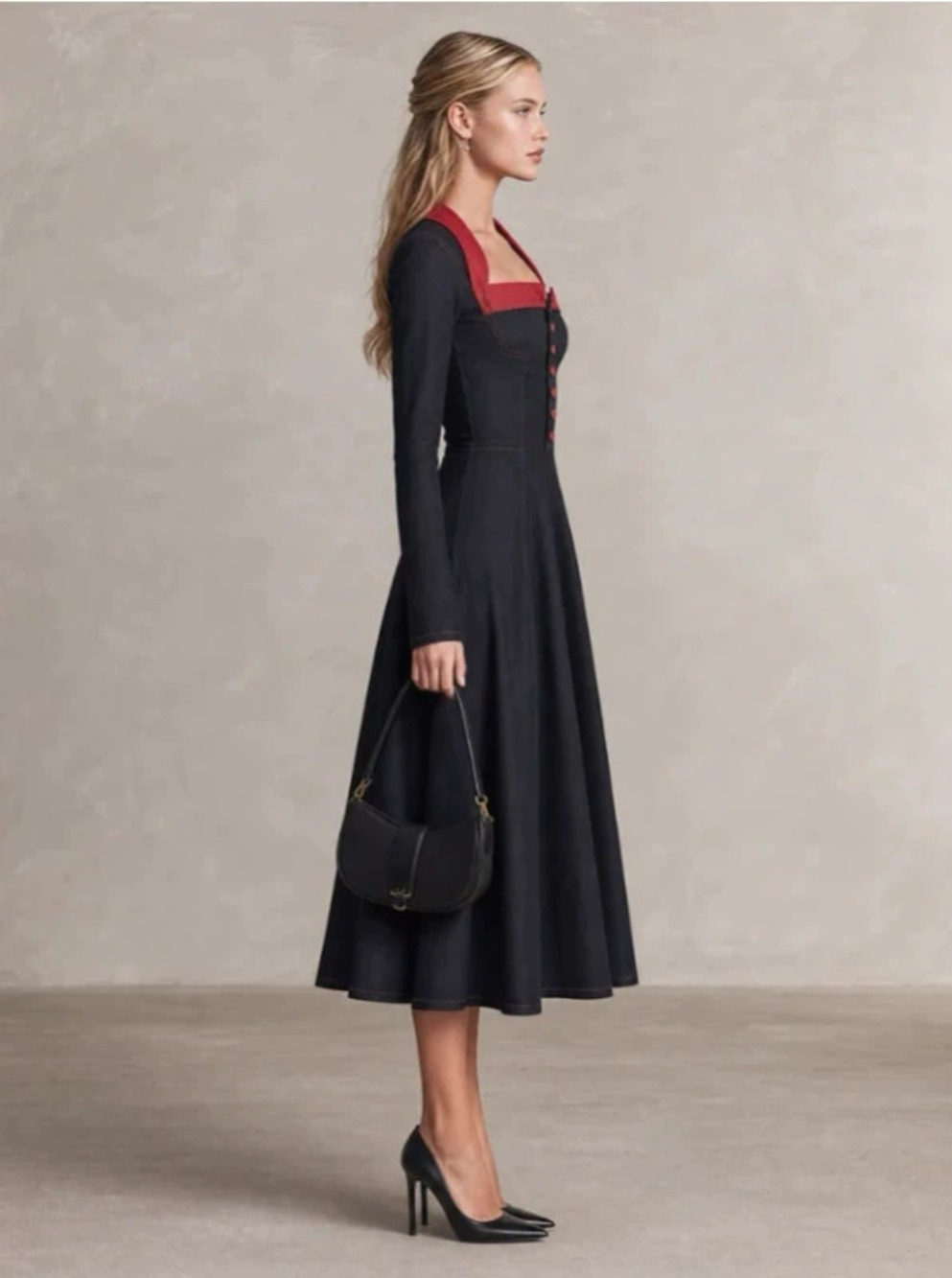H&M   Womens Black Denim Square Neck Long Casual Dress